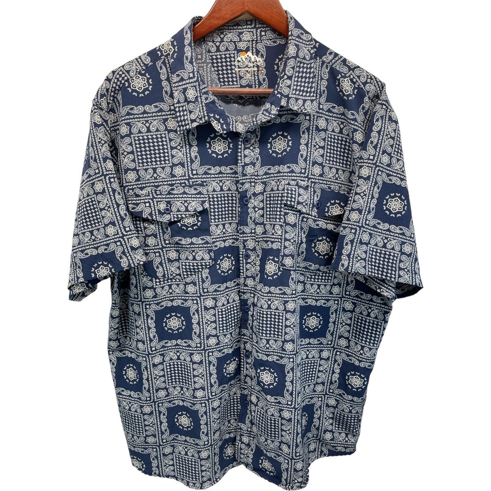 Mountain Isle Mens XL Blue Paisley Hiking Hawaiian Style Relaxed Fit Light Shirt